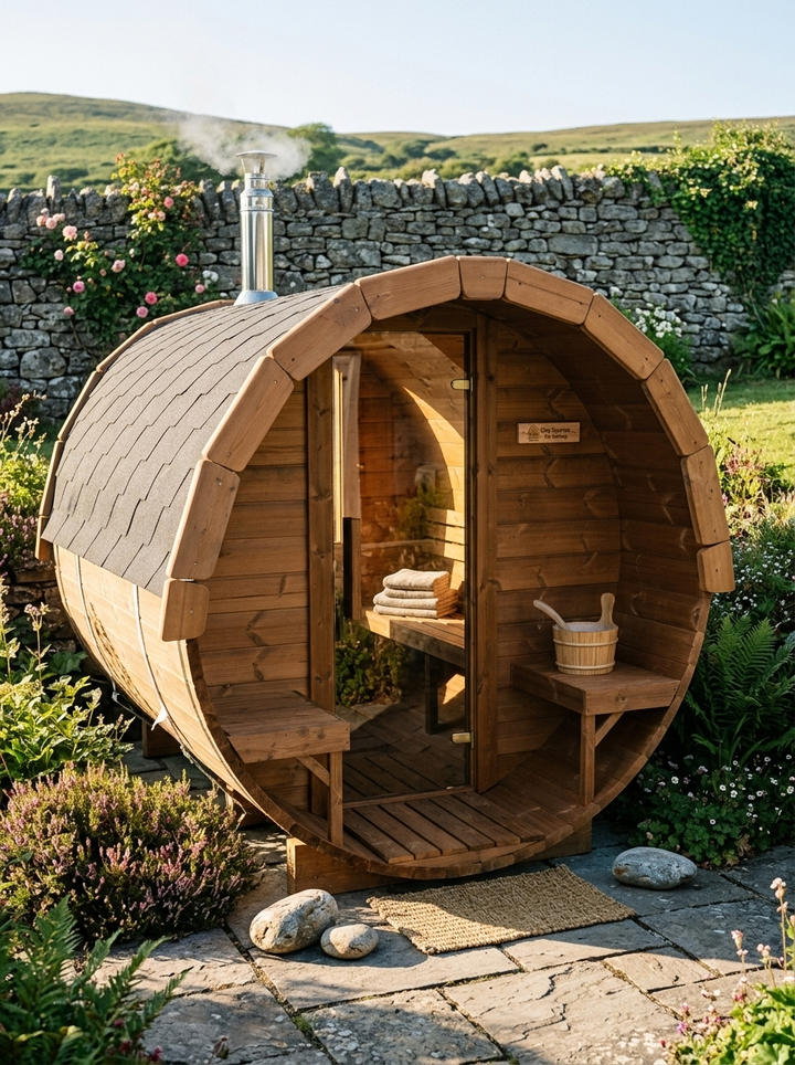 Revival Barrel Sauna M — 4-6 Person Outdoor Sauna with Terrace