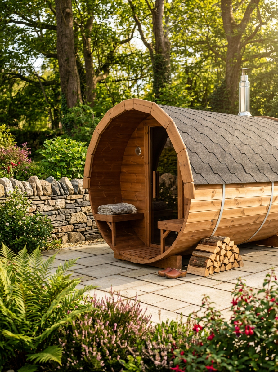 Revival Barrel Sauna M — 4-6 Person Outdoor Sauna with Terrace