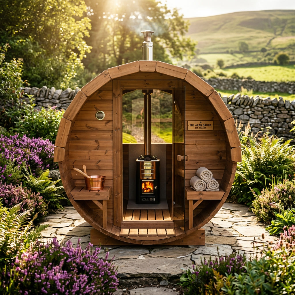 Revival  Barrel Sauna L — 4-6 Person Outdoor Sauna with Terrace &amp; Changing Room