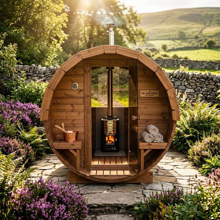Revival  Barrel Sauna L — 4-6 Person Outdoor Sauna with Terrace &amp; Changing Room