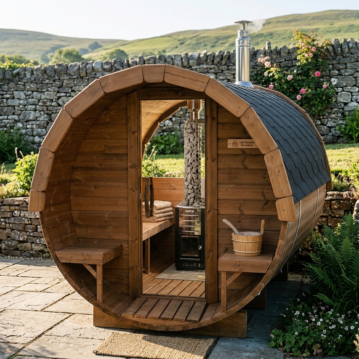 Revival  Barrel Sauna L — 4-6 Person Outdoor Sauna with Terrace &amp; Changing Room