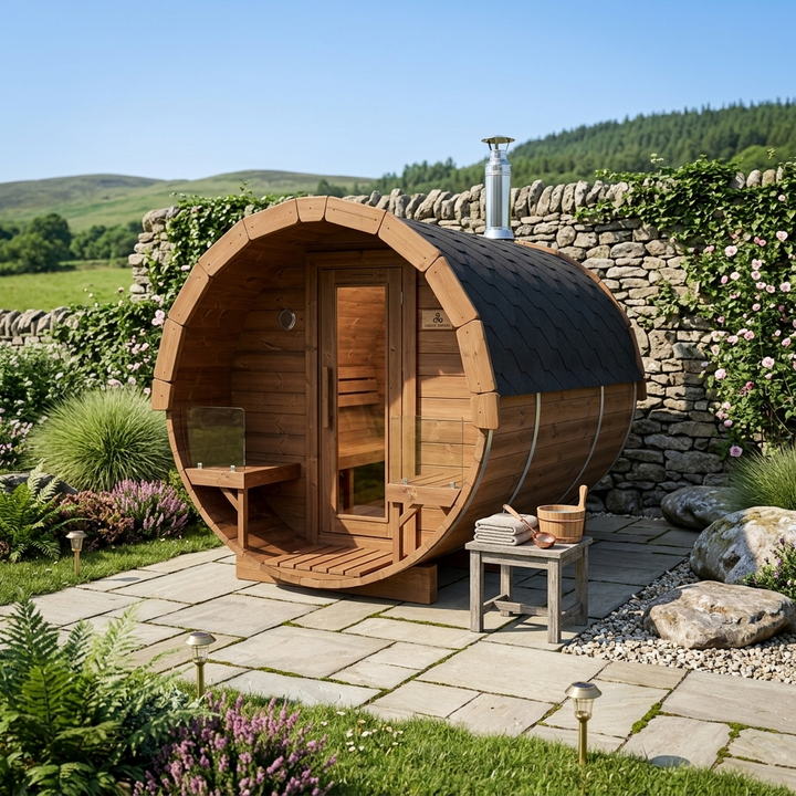 Revival Barrel Sauna M — 4-6 Person Outdoor Sauna with Terrace