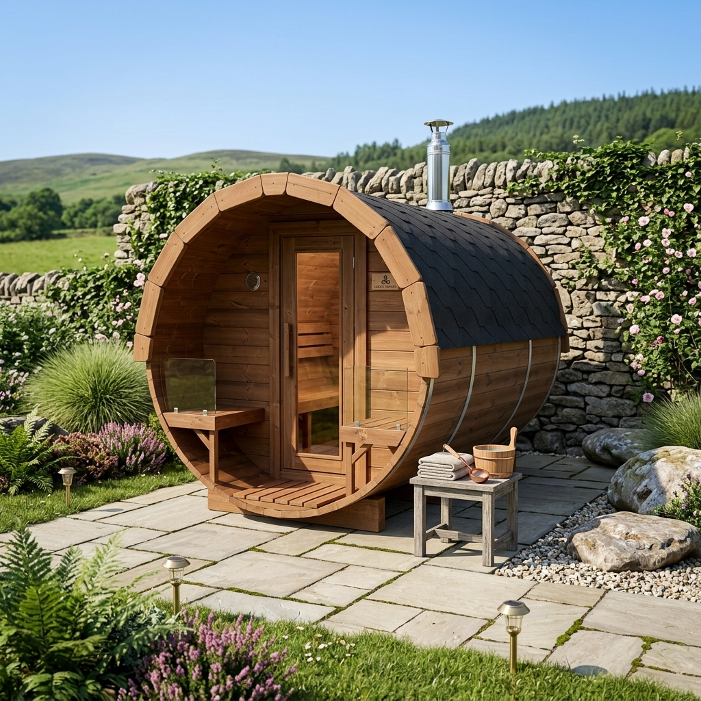Revival  Barrel Sauna L — 4-6 Person Outdoor Sauna with Terrace &amp; Changing Room